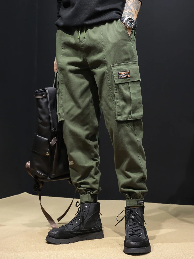 Casual Pants Men's Autumn and Winter Warm Slim-Fitting Ankle-Tied Pocket Decoration Trendy RetroAmerican SolidColor All-Matching