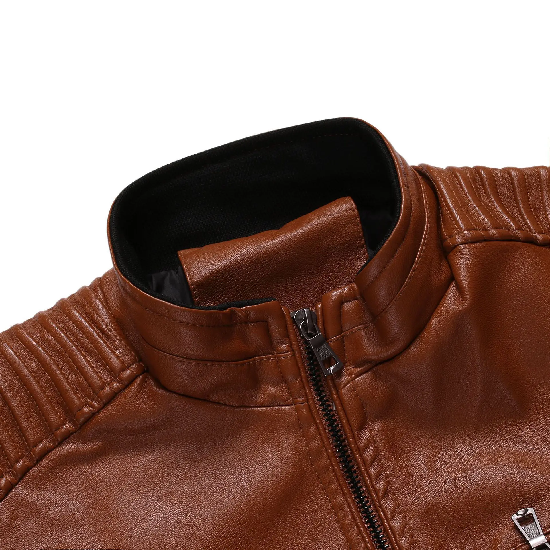 Men's Leather Jacket Spring and Autumn Season Thin Standing Collar Stripe Double Zipper PU Leather Jacket Motorcycle