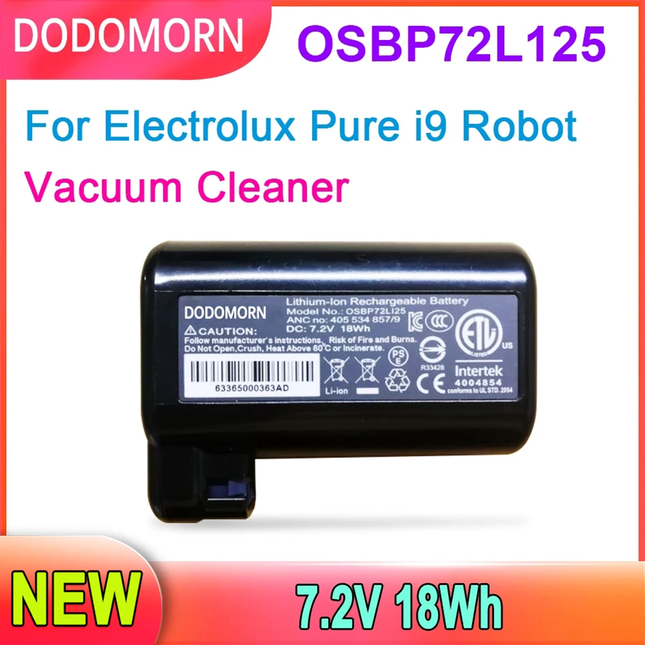 Аккумулятор DODOMORN OSBP72L125 для робота-пылесоса Electrolux Pure i9, 7,2 В, 18 Вт/ч, 2 года гарантии Аккумулятор DODOMORN OSBP72L125 для робота-пылесоса Electrolux Pure i9, 7,2 В, 18 Вт/ч, 2 года гарантии
