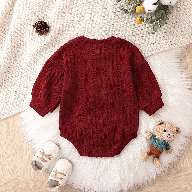 

Baby Girl Knit Romper Long Sleeve Round Neck Solid Color Loose Bodysuit Newborn Clothes