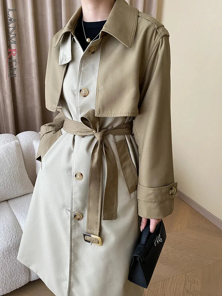 

[LANMREM] Lace-up Gathered Waist Trench For Women Lapel Long Sleeve Spliced Female Outwear Fashion Coat 2023 Winter New 26D5015