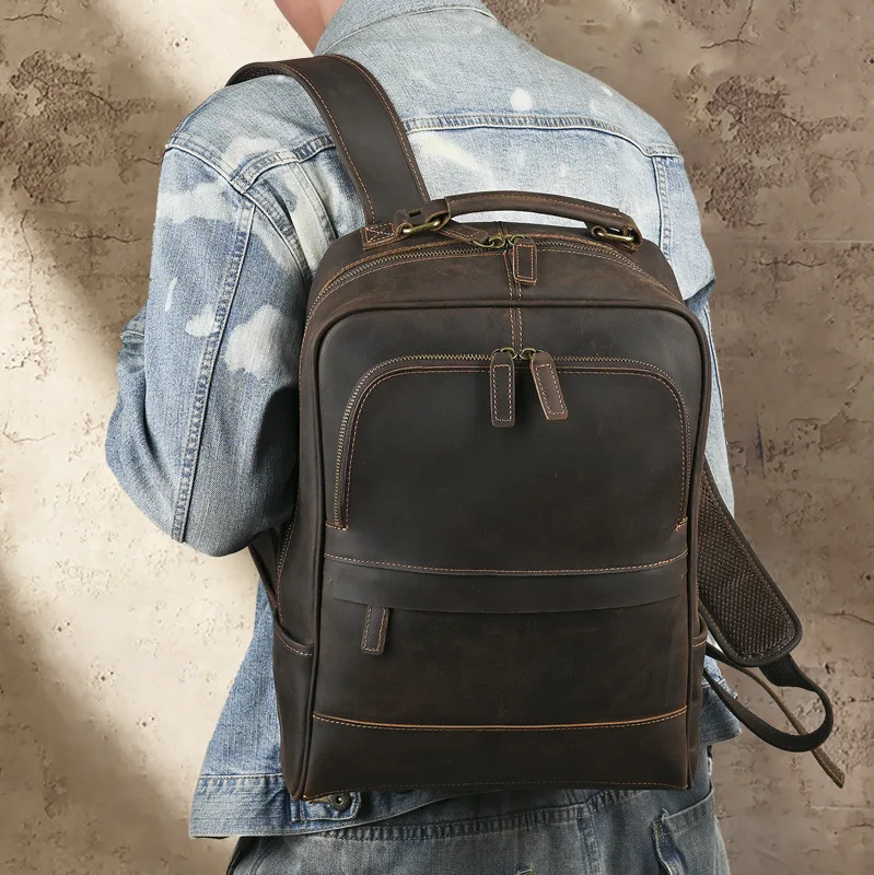 Crazy Horse Leather Backpack Men Casual Travel Bag School Bag