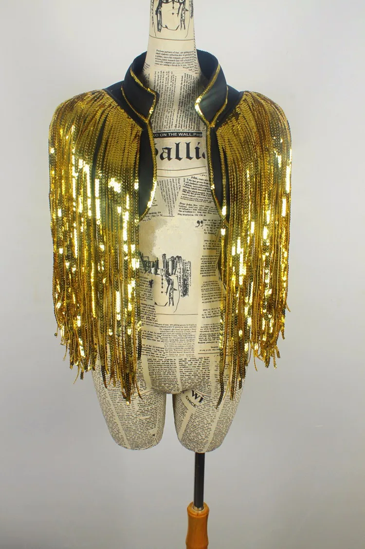 

Singer Dancer Stage Performance Gold Tassels Sequins Vest Waistcoat DS Costumes Dance Christmas Bar Party Fringes Armors
