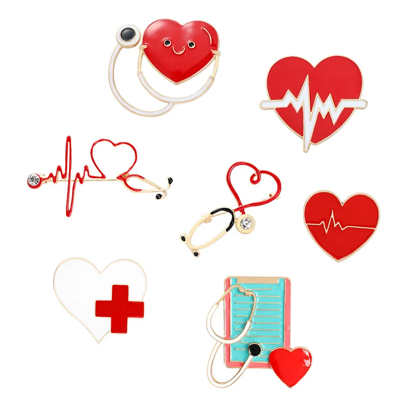 Qiaoren 7pcs Kawaii Cute Cartoon Hearing Device Heart Red Cross Brooch for Women 2023 New Clothing Accessories to Friends Gifts