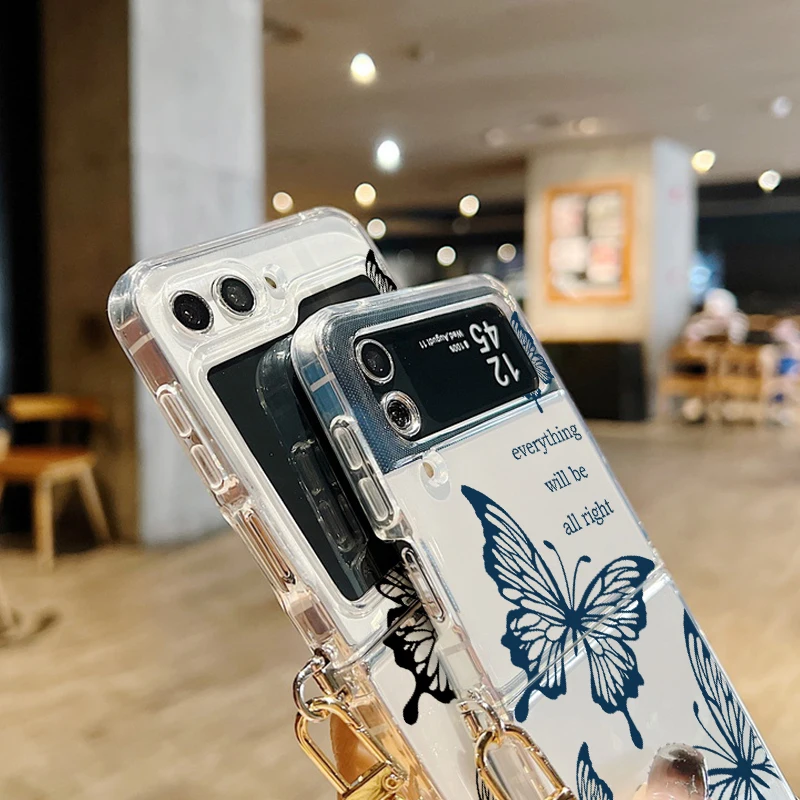 Custodia con cordino in metallo con stampa a farfalla per Samsung Galaxy Z Flip 6 5 4 3 5G Custodia trasparente pieghevole in silicone TPU per Samsung Z Flip5_voghion.com
