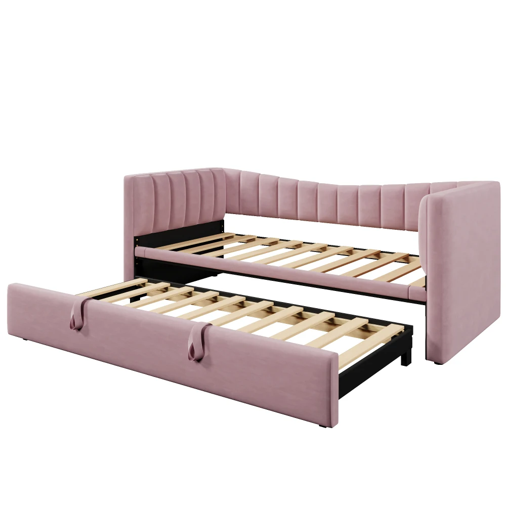 Tagesbett, 90 x 200 cm (180 x 200 cm), gepolstertes Bett mit ausziehbarem Bett, Schlafsofa, Einzelbett, Doppelbett (ohne Matratze), Samt – Detail 15