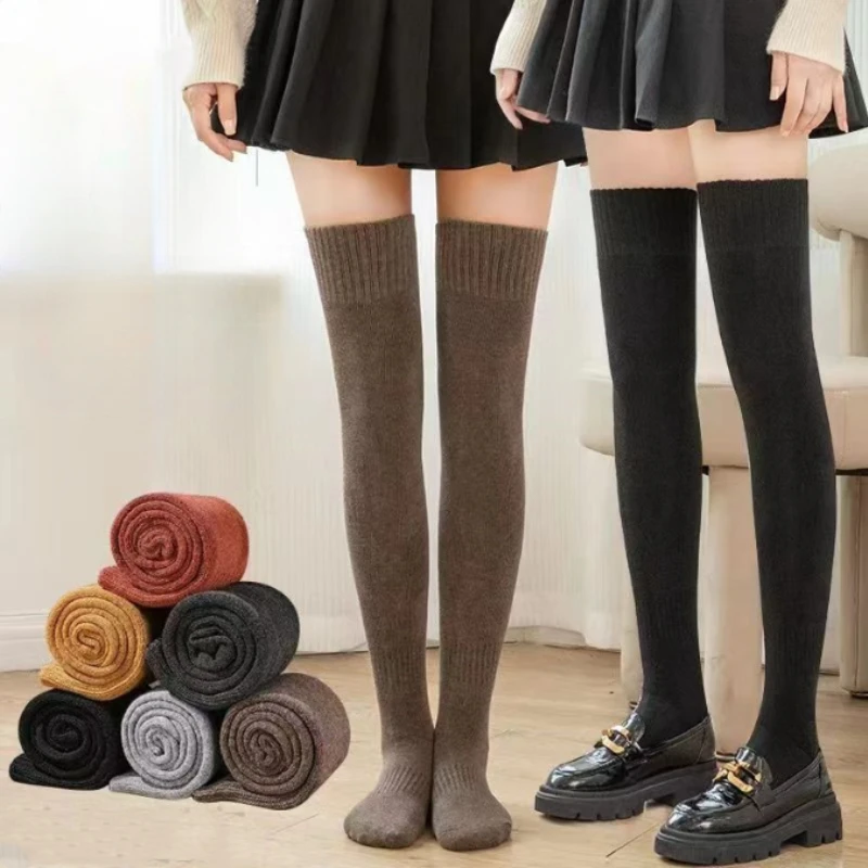 Chaussettes longues au-dessus du genou pour femmes, chaussettes chaudes, tube optique, bonneterie, éponge, solide, document, épais, mollet, hiver