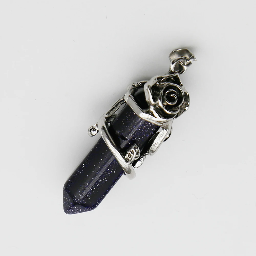 Free Shipping Natural Crystal Gem Hexagram Ancient Silver Rose Pendant Necklaces DIY Fashion Jewelry Accessories Wholesale 5Pcs