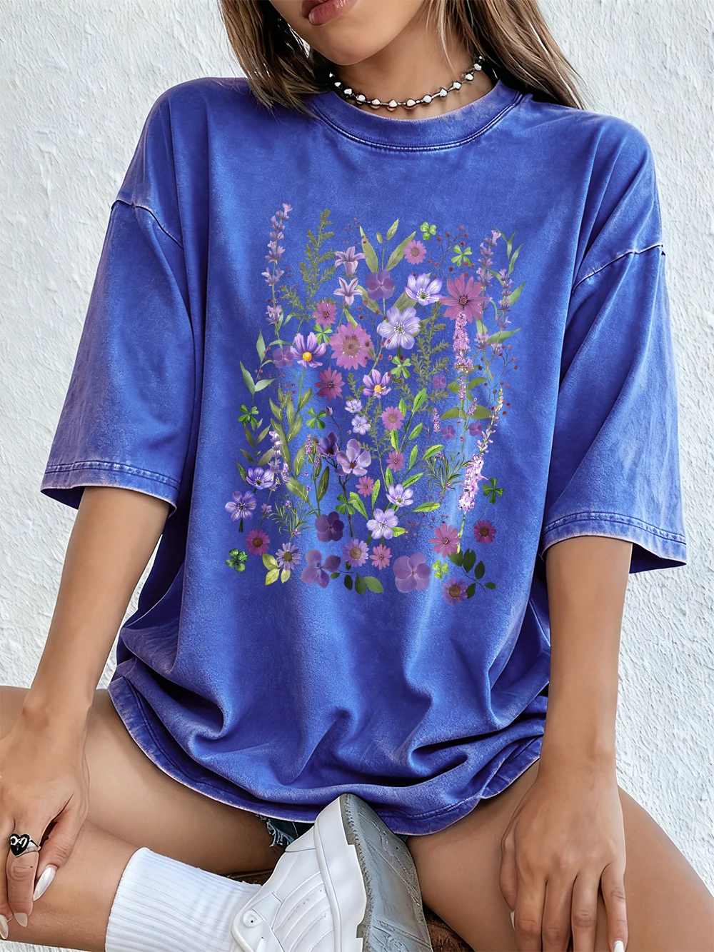 Vibrant Purple Watercolor Floral Oversized Cotton Tee