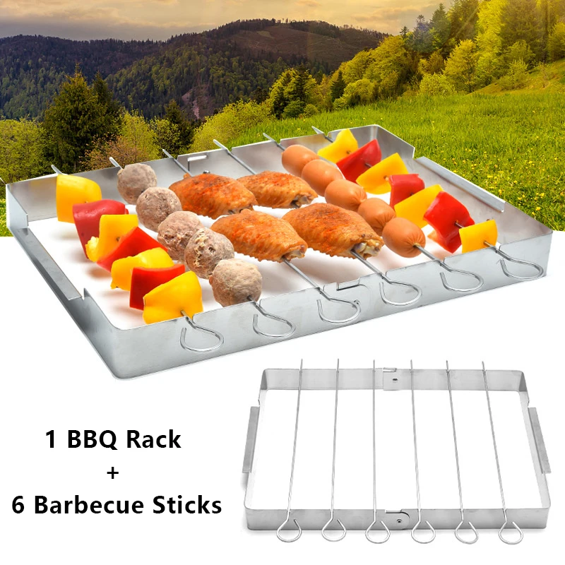 

Portable Grill Barbecue Tools Kebab Skewer Rack Stainless Steel Shish Kabob Skewers Steel Grilling Skewers Outdoor Grills