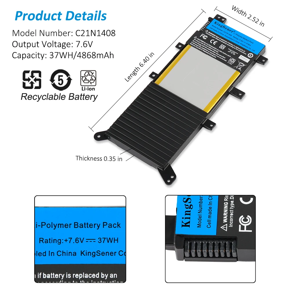 Kingsener-bateria para Computador Portátil Nova C21n1408 para Asus Vivobook 4000 Mx555 V555l V555lb V555u Series 7.6v 37wh Anos de Garantia - Imagem 4