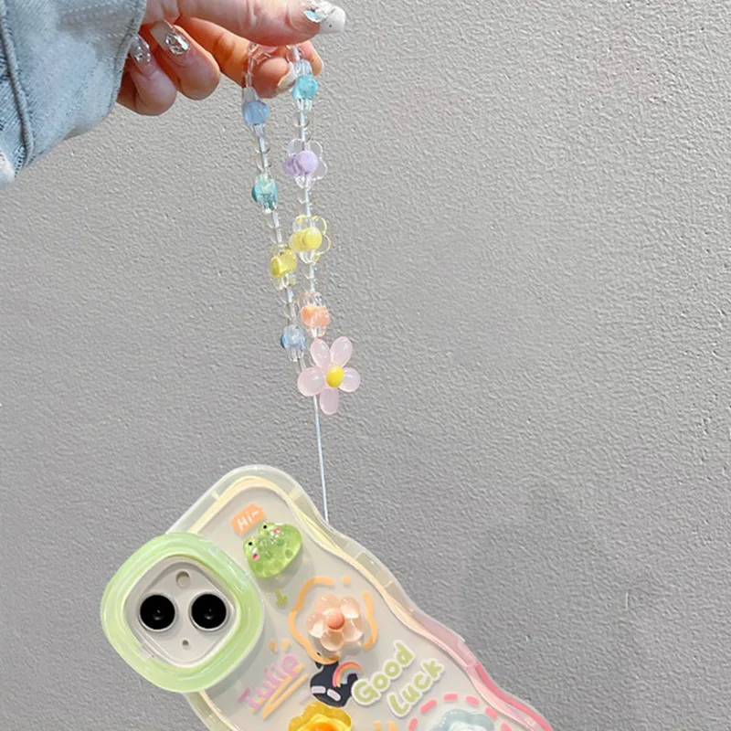 Flower Bracelet Chain Phone Holder Case For iPhone 16 17 15 14 13 12 11 Pro Max XS Max XR 3D Frog Rabbit Bracket Stand Cover 6
