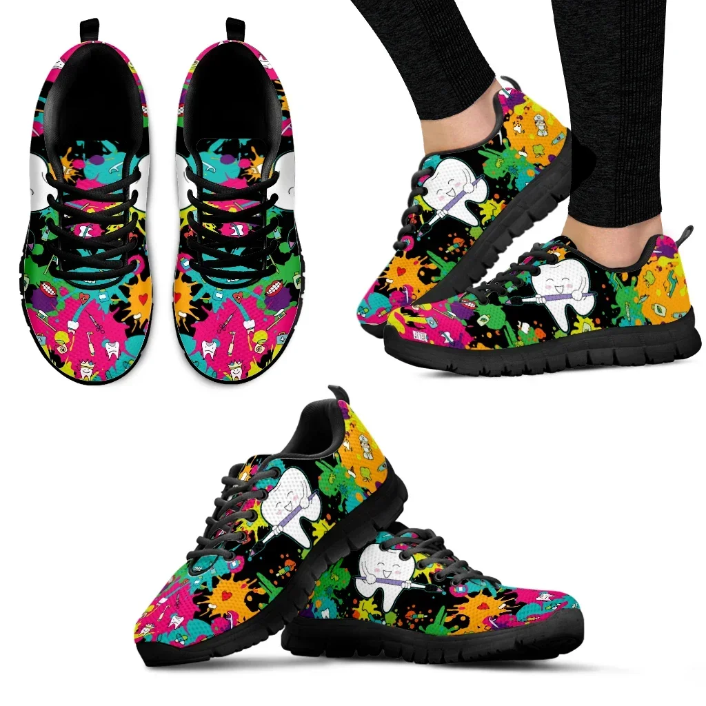 Dental Footwear Tie Dye Painted Mesh Shoes Cartoon Teeth Print Walking Sneakers Women's Outdoor Tennis Footwear