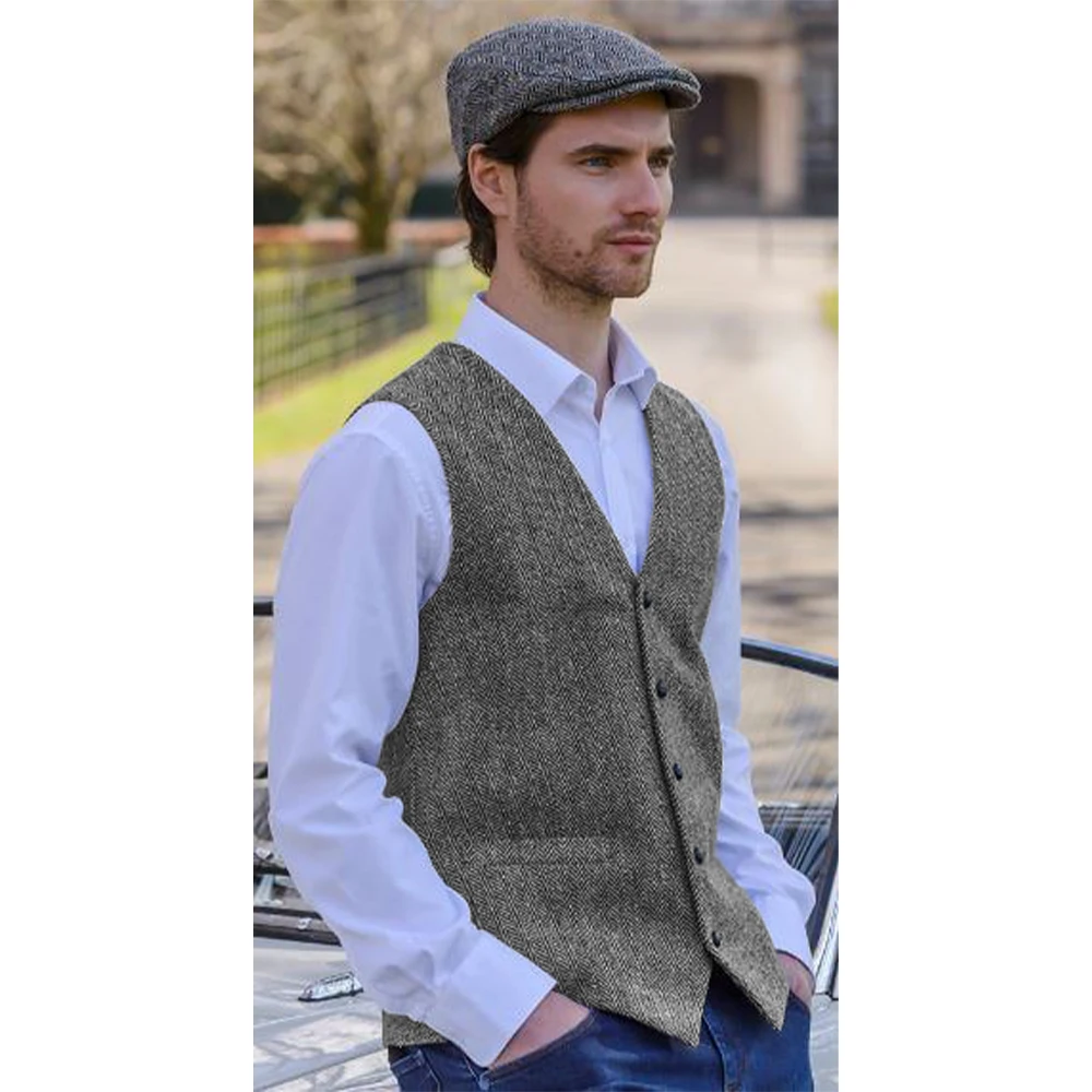 Men Sleeveless Jacket Dress Vest Men's Herringbone Tweed Suit Waistcoat Male Elegant Single Breasted Suit Vests Retro Steampunk