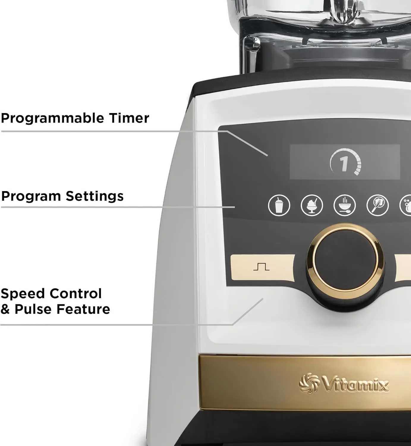 A3500 Ascent Series Gold Label Smart Blender Professional-Grade 64 oz. Low-Profile Container White with Gold Accents 6