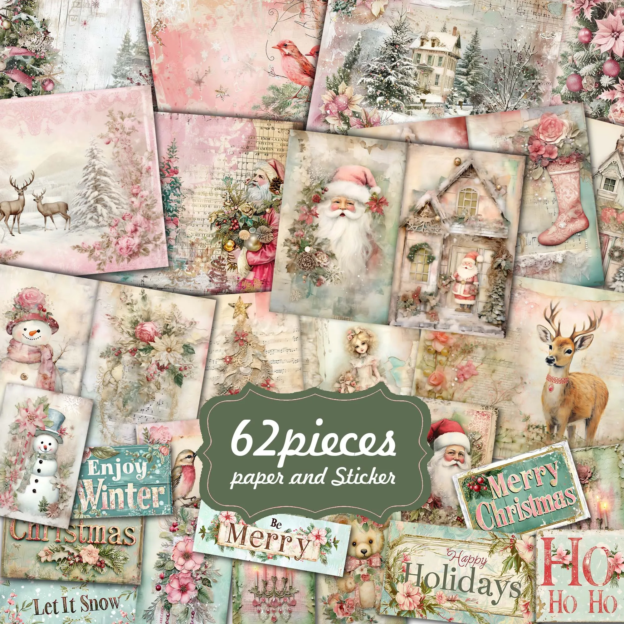 JAIIMAN 62pieces Vintage Deer Christmas DIY Writable Background Paperpads Sticker Arts Crafts Scrapbooking Supplies