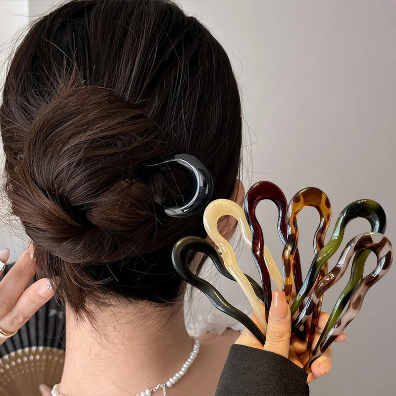 U-Shaped Hair Fork Tortoiseshell Acetate Acrylic Hairpin Geometric Headwear...