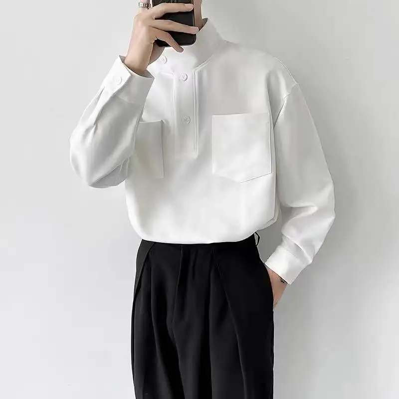 

2023 New Half-high Collar Solid Color Long Sleeve Shirt For Men Design Niche Luxury Korean Clothes Casual Loose Pullover Shirt