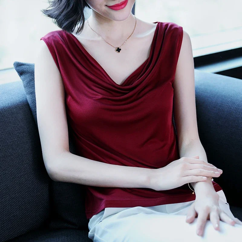 S-5XL Women Ice Silk Shirt Heaps Collar  Sleeveless Tank Tops Summer Vests Solid Soft Slim Stretchy Tshirts Tops For Woman