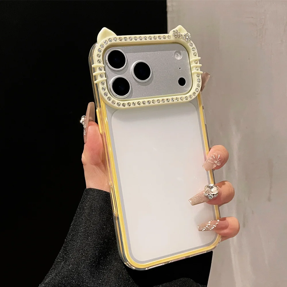 Luxury Rhinestone Cat Ears Matte Transparent Phone Case with Candy Color Bumper