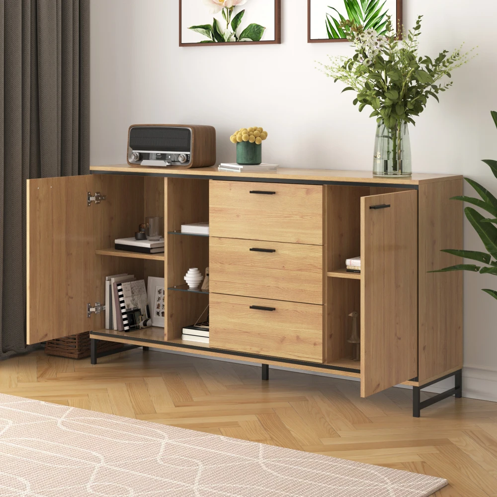 PINGGO Modern Wooden Side Cabinet with Three Drawers - Elegant Carved Storage Console - Stylish And Practical Home Furniture