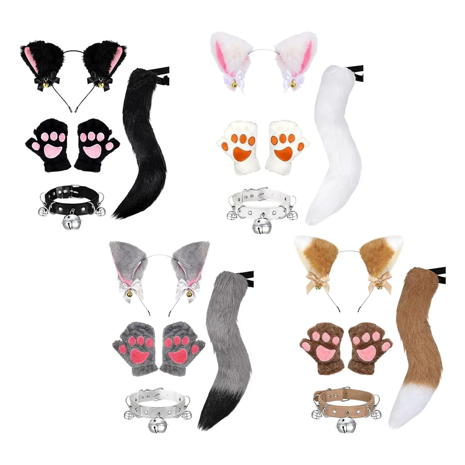 Fox Ears Tail Gloves Collar Set Fun for Carnival Halloween Stage Performance