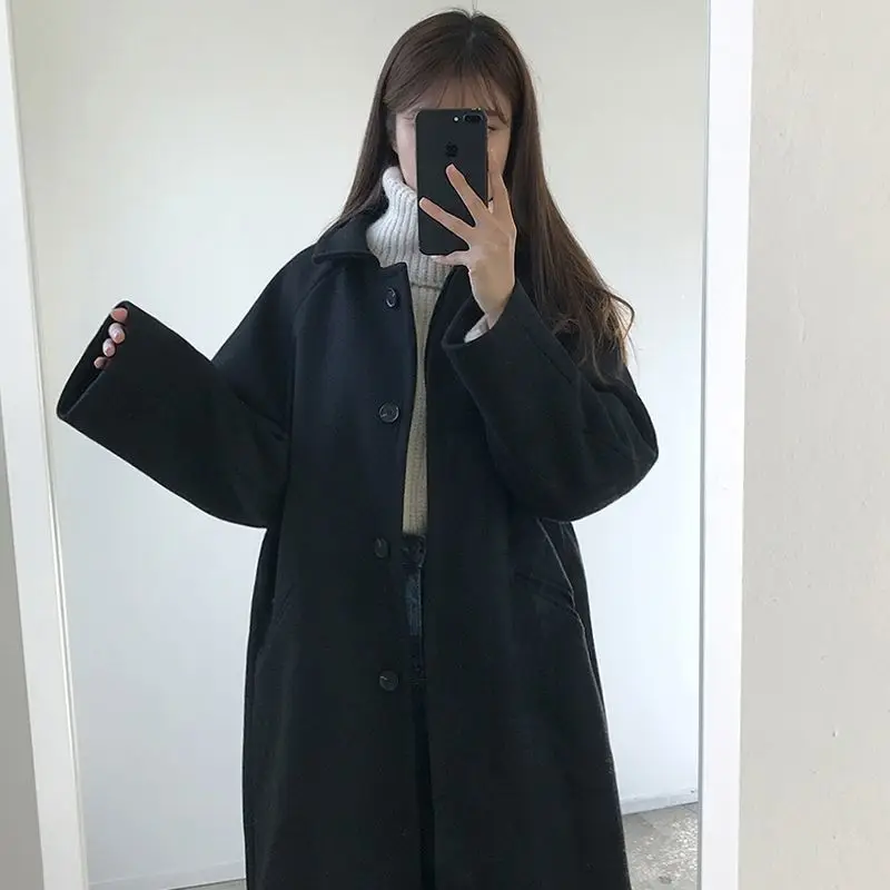2023 New Women Winter Thicken Korean Mid-Length Woolen Coat Female Fashion Casual All-Match Parkas Loose Solid Color Outwear