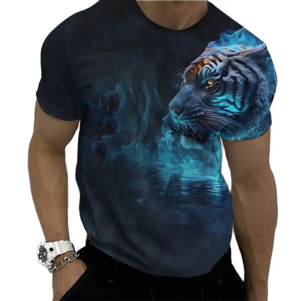

2024 Summer Men T shirts Animal Tiger 3d Print Fashion Short Sleeve Tops Micro Elastic Sport Fitness Comfortable Loose Clothing