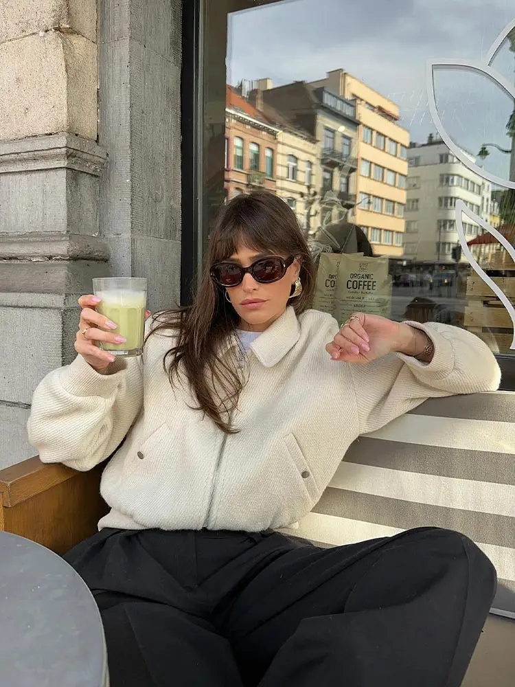 

Elegant Solid Women Coat With Pocket Fashion Turndown Collar Zipper Short Jacket 2023 Autumn Ladies Chic High Streetwear Outwear