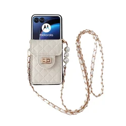 Stylish Butterfly Cardholder Crossbody Phone Case with Pearl Chain for Razr 50 Ultra (Long strap2)