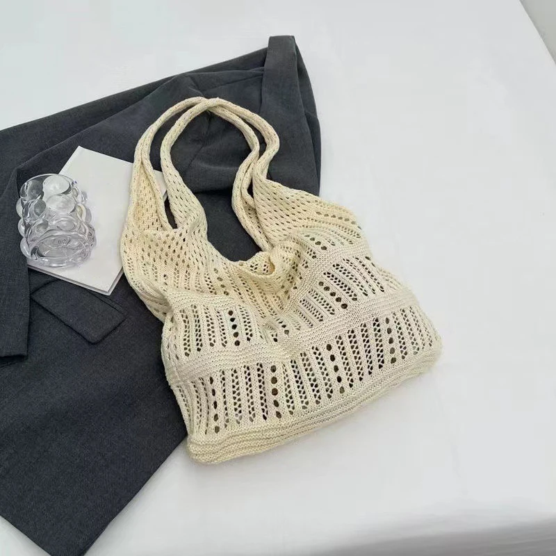Hollow Knitted Handbags Beach Bags Lightweight Students Shoulder Shopper Tote Female Woven Underarm Bags For Women Girls
