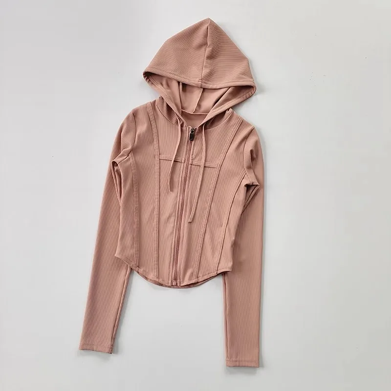 Women's Hooded Thin Long Sleeve Yoga Jacket Slim Drawstring Outdoor Sportswear Striped Zipper Jogger Long Sleeve Sports Jacket