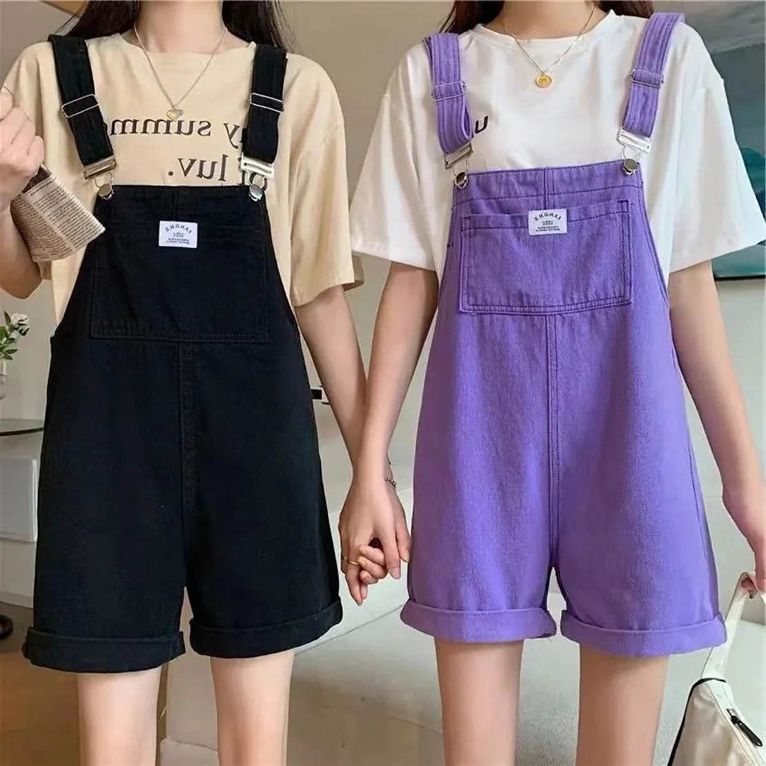 

Wide Leg Suspender Shorts Summer Vintage Purple Jean Jumpsuit Women Cotton Female Overalls Woman Personality Denim Rompers