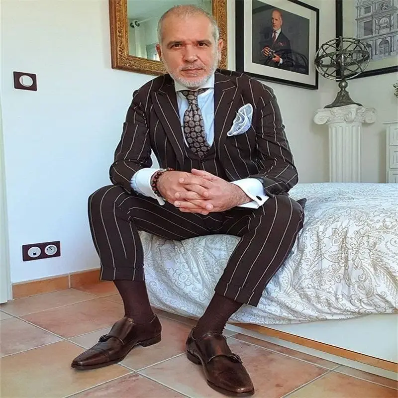 

Мужской костюм в Вертикальную Полоску, блейзеры, облегающая Свадебная Мужская одежда для жениха, комплект из 3 предметов, пиджак и брюки для выпускного вечера