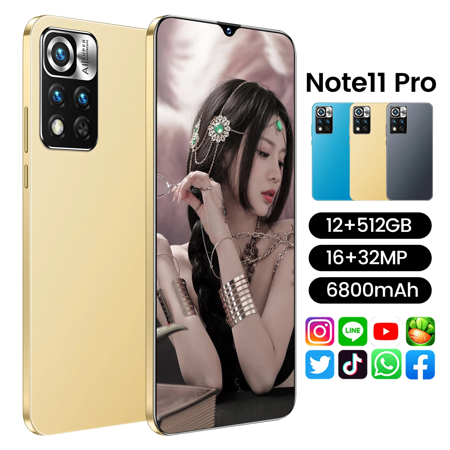 Хит продаж яркий цветной смартфон большая память Note 11 Pro 12 Гб + 512 ГБ аккумулятор 6800