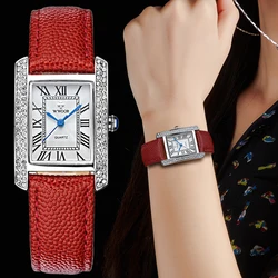 WWOOR New Red Silver Leather Ladies Wrist Watch Waterproof Quartz Watch For Women Luxury Diamond Rhinestones Bracelet Wristwatch
