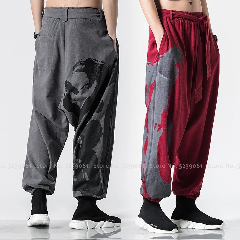 

Men Hanfu Loose Harem Pants Chinese Style Retro Print Bloomers Kung Fu Tai Chi Uniforms Bottoms Japanese Samurai Casual Trousers