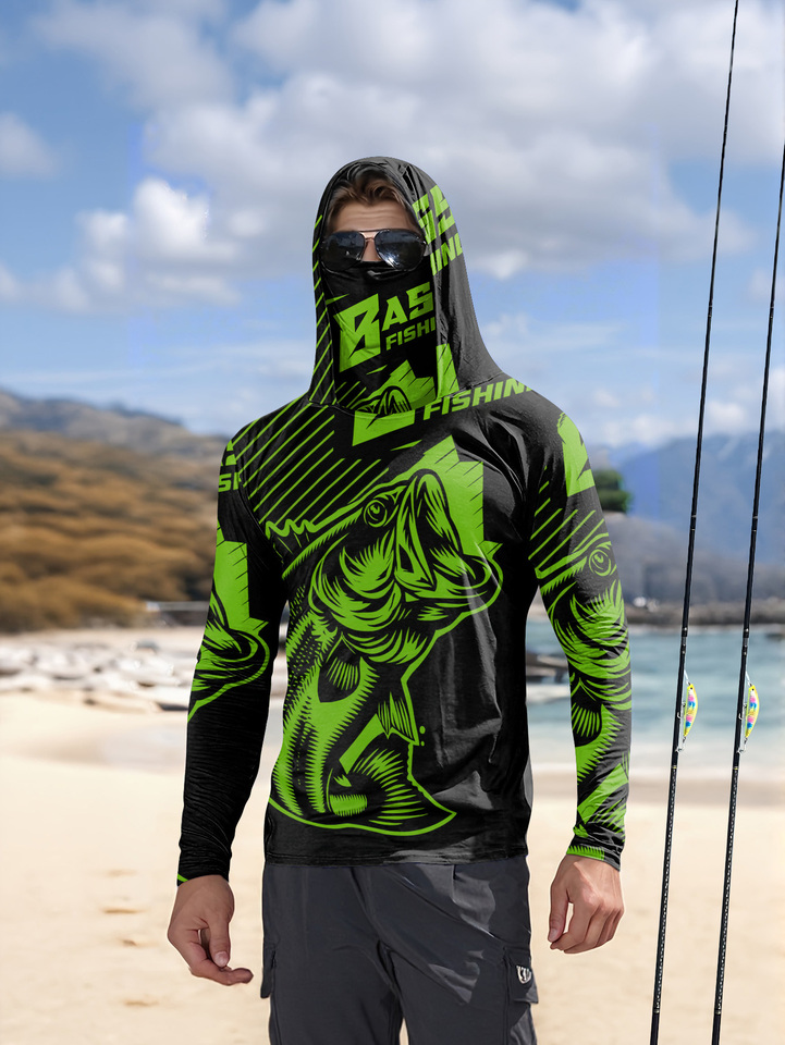 2026 Summer New Men's Long-Sleeved Shirt - 3D Black and Green Contrasting Print - Fashionable Outdoor Comfortable Lightweight