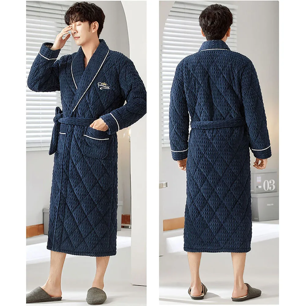 L-3XL 3-Layer Thicken Soft Flannel Men's Bathrobe Casual Solid Plaid Shower Robe Winter Windproof Warm Long Robes Pijama Hombre