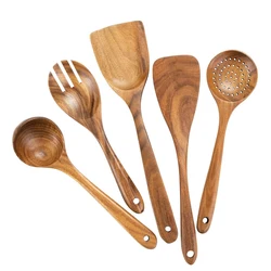Premium Natural Teak Wood Cooking Utensil Set with Holder - Perfect (5Pcs)