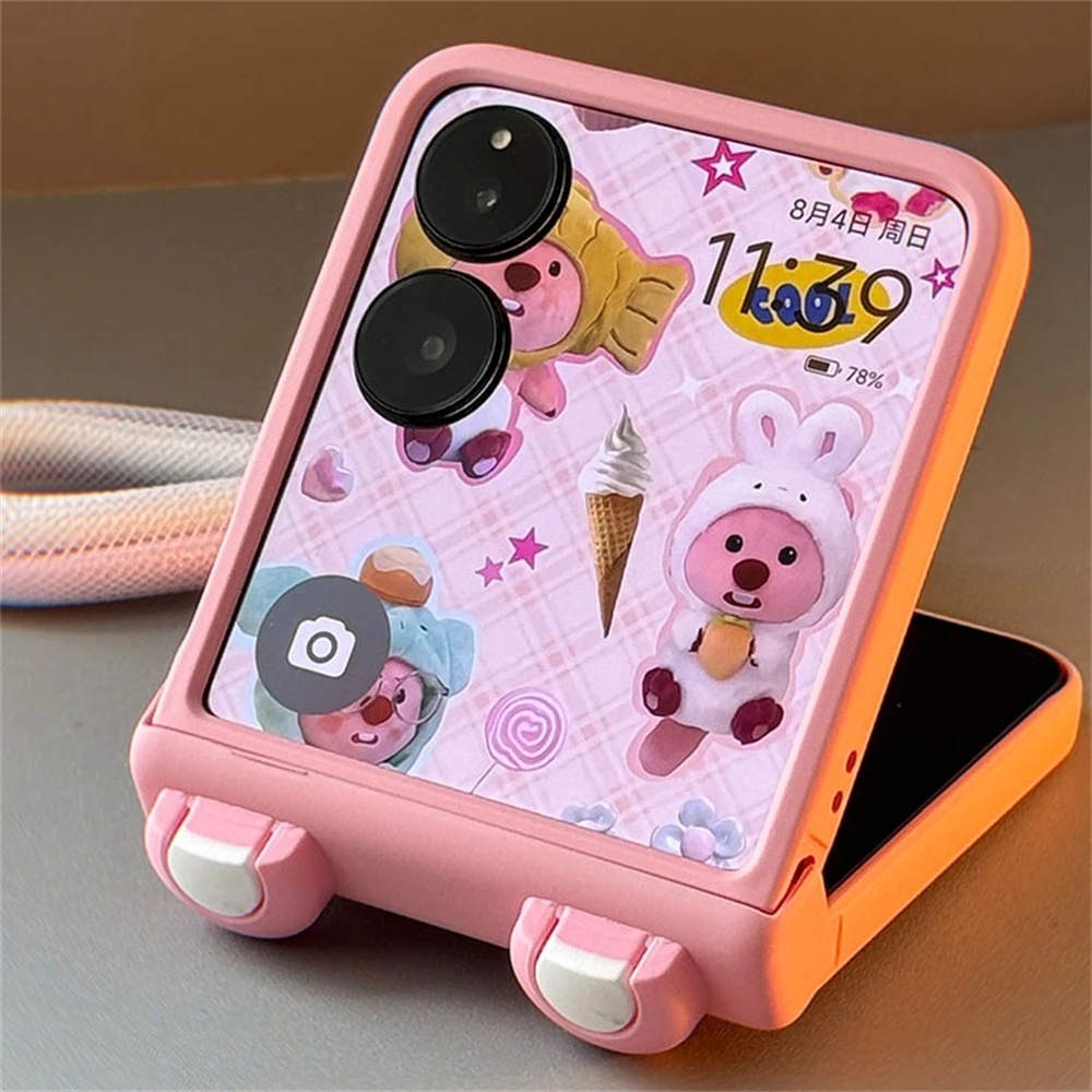 Korean Cute Cartoon Anime Pink Ear Phone Case with Hand Strap Cover