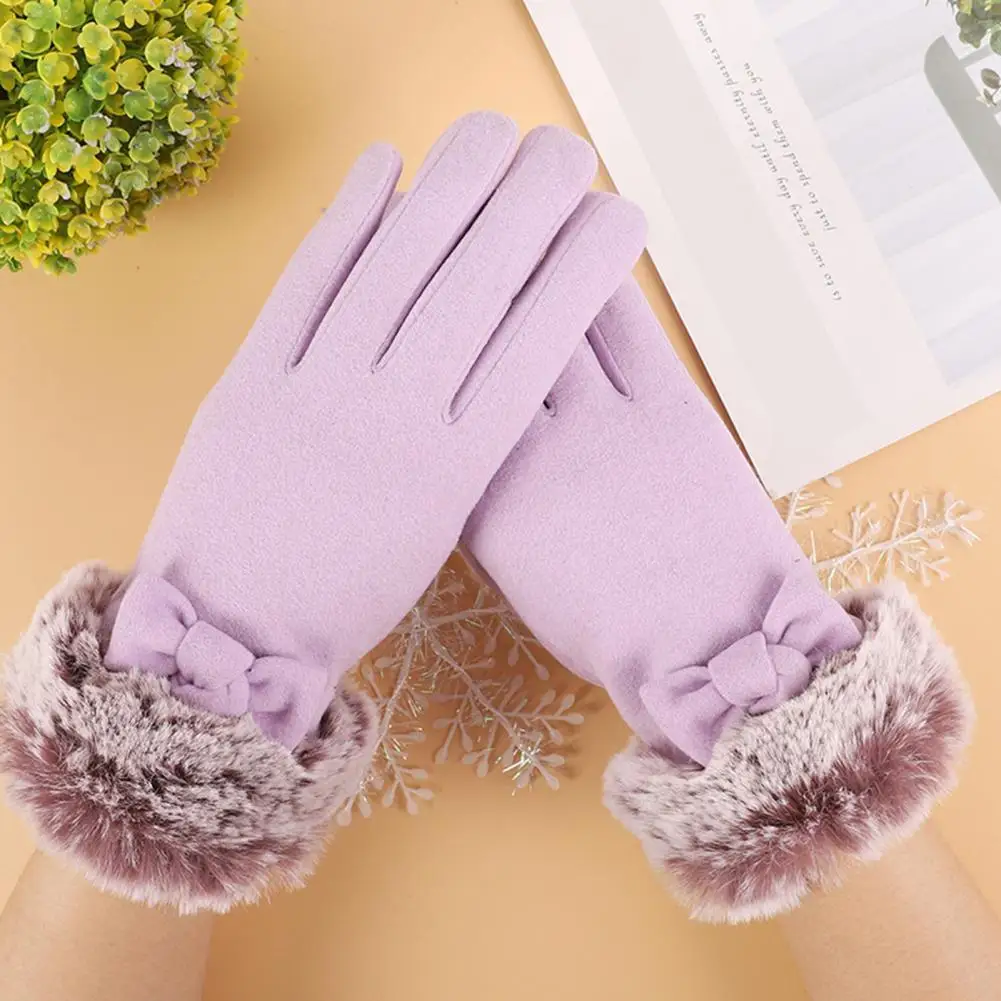 

Cold Weather Gloves Women's Faux Fur Bow Decor Touch Screen Gloves Windproof Warm Anti-slip for Riding Cycling Five Fingers