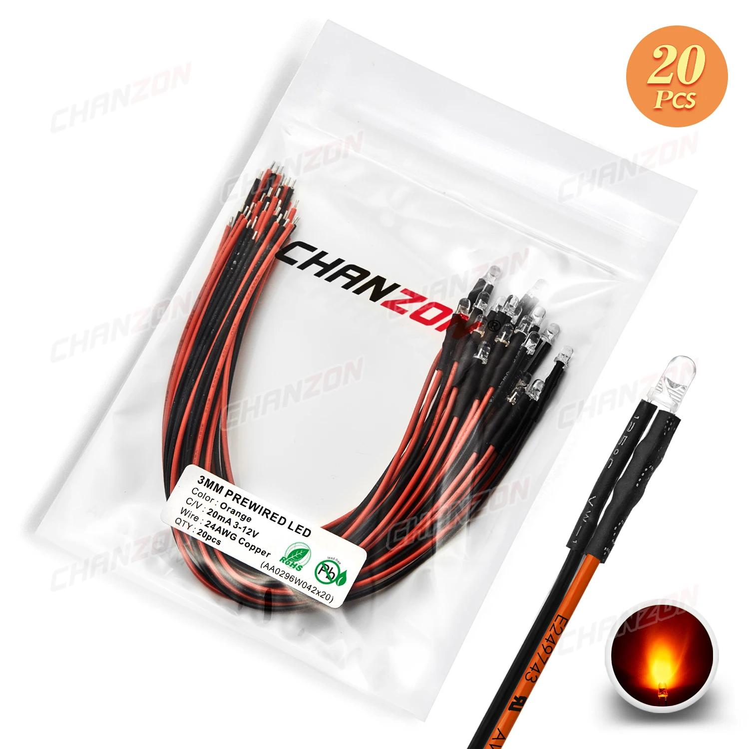 AUKENIEN 60 Pièces 3MM Transparente Diode LED 12V Diodes Électroluminescentes Pré-Câblés Kit 6 Couleurs DC 12 Volt Blanc Rouge Jaune Vert Bleu Orange Lumière Ronde Avec Résistance Et Cable