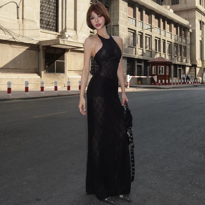 

Halter Sleeveless Floral Print Lace Up See Through Patchwork Sexy Maxi Dress Women Fashion Outfit Beach Festival Club