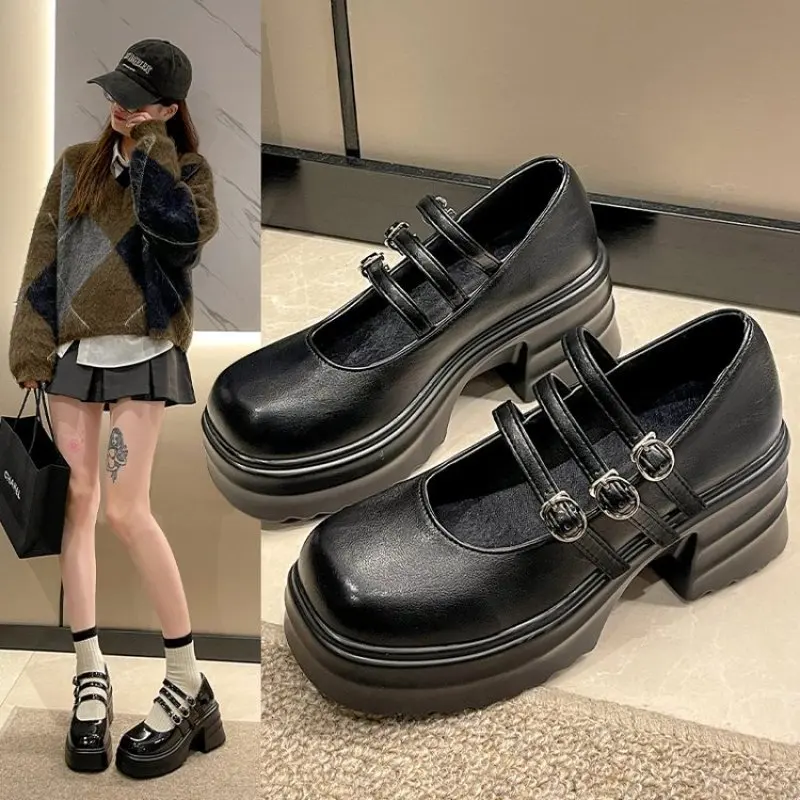 Shoes Women's Thick Mid Heel 2024 New Versatile Shallow Mouth Belt Buckle Academy Style Single Shoes Thick Sole Plus Size 41 42