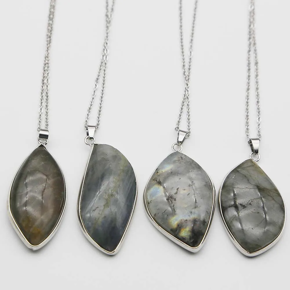 Natural Labradorite Stone Silver Edge Irregular Pendant Stainless Steel Chain Necklace Charms Jewelry Accessories Wholesale 6Pcs