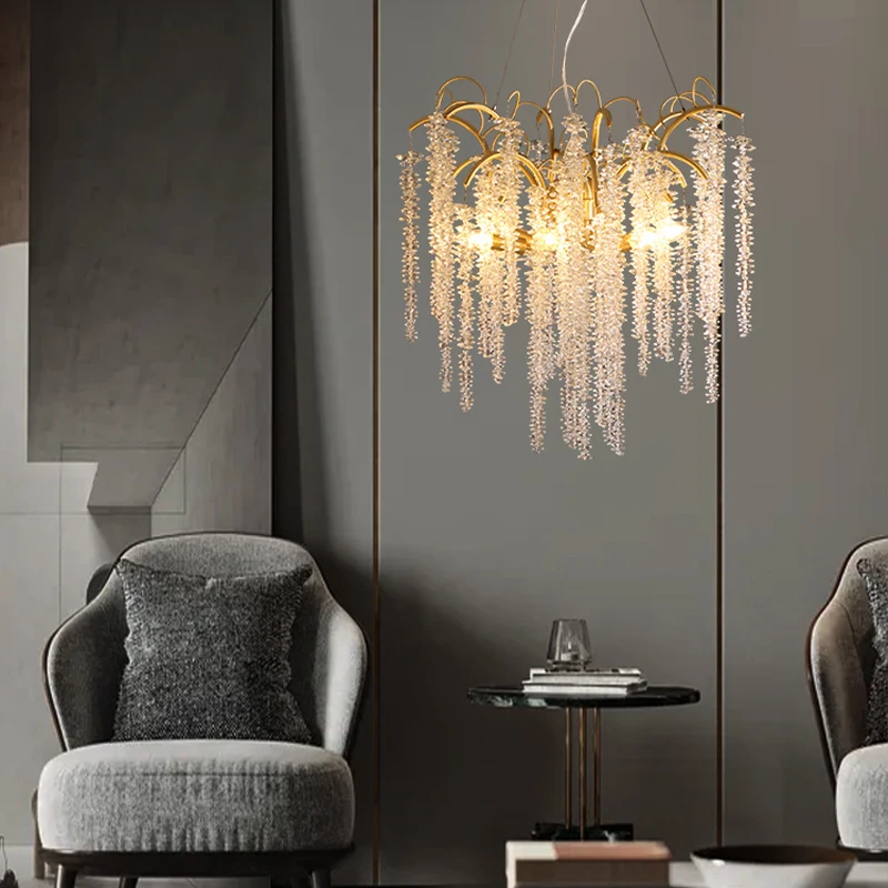 Modern Led Wistaria Crystal Ceiling Chandelier Art Strip Branches Design Pendant Lamp Villa Hall Hanging Light Home Decor Lustre