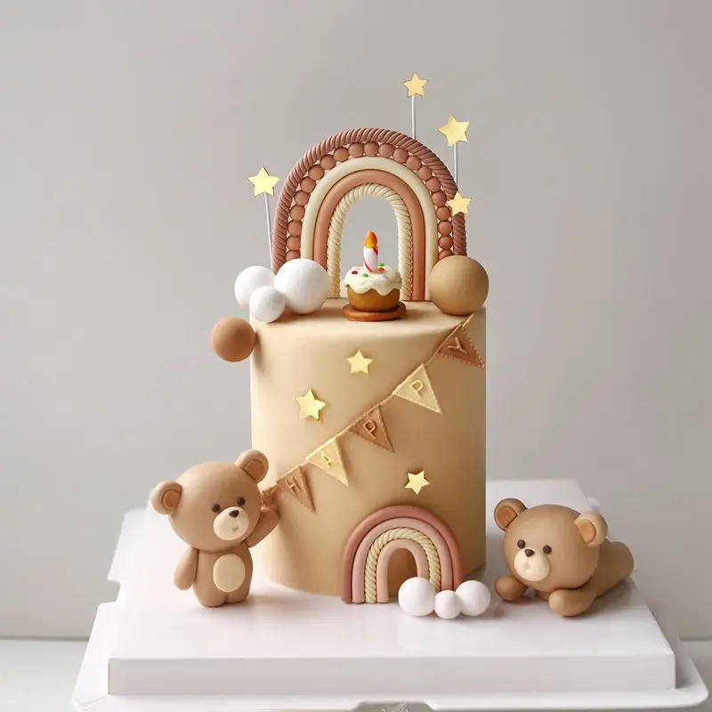 Cute Bear Cake Topper for Baby Birthday Party Decoration Soft Clay Cute Bear Cake Topper for Boy Girl Baby Shower Bear Theme Decoration Birthday Party Wedding Decoration Cake Decorating 3