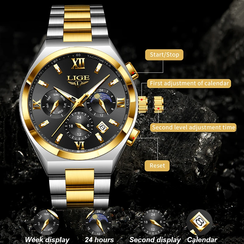 LIGE New Sport Chronograph Quartz Wristwatch Men Fashion Business Men Watch Stainless Steel Waterproof Military Watches For Men