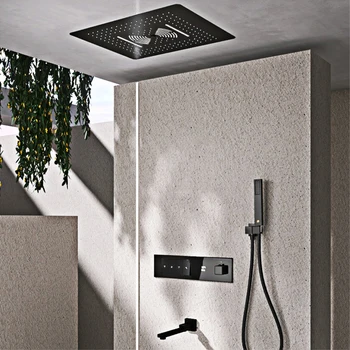 ระบบฝักบัวอาบน้ำทองเหลืองสีดำหรูหรา LED การออกแบบจอแสดงผลดิจิตอลฝักบัวติดผนังแบบร้อนและน้ำเย็นผสมในห้องน้ำ 2